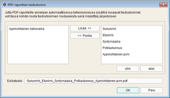 Luku 3, Ohjelmiston käynnistys ja asetukset Tässä voit tämän lisäksi määrittää, miten arkistoitujen raporttien tiedostot (PDF-tiedostot) nimetään jatkossa.