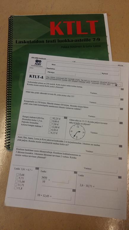 KTLT (Räsänen & Leino, 2005) peruslaskutaidon testi luokka-asteille 7-9 Soveltuu myös peruskoulun jälkeiseen peruslaskutaidon arviointiin