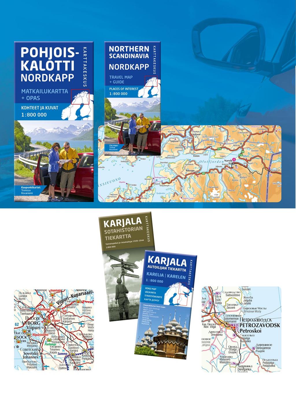 Tiekartat ulkomailta 06 Pohjoiskalotti Nordkapp Matkailukartta + opas Tiekartta ja matkaopas suomeksi ja englanniksi ISBN 978-952-266-349-8 18,90 Tiekartta 1:800 000 kattaa pohjoiset osat Suomesta,