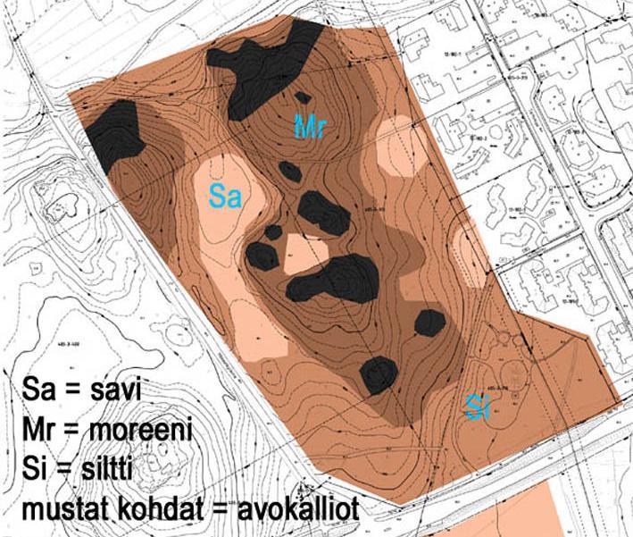 Maaperä: Suunnittelualueen maaperä on pääosin avokalliota tai moreeniperäistä maa-ainesta. Tontin lounaisosassa on jonkin verran silttiä. Painanteista löytyy myös savea.