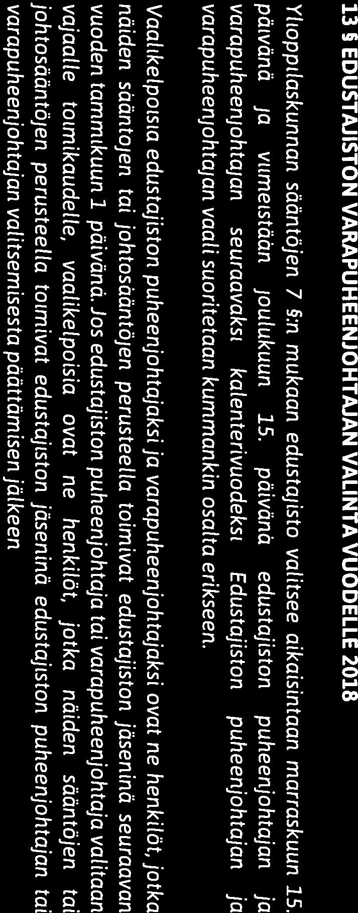 EJ Moilanen esitti, että valitaan edustajiston puheenjohtajaksi Elisabet Shnoro. EJ Virtanen esitti, että valitaan edustajiston puheenjohtajaksi Jussi Vaara.