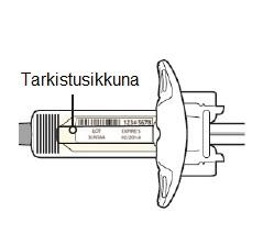 Vaihe 3: Tarkista Katso lääkettä ruiskussa olevasta tarkistusikkunasta: Tarkista, että neste on kirkasta ja väritöntä tai vaaleankeltaista.