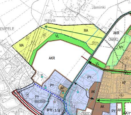 6 aluetta (PY), lähivirkistysaluetta (VL) ja maisemallisesti arvokasta aluetta (MA). Maisemallisesti arvokkaalle alueelle on osoitettu säilytettävä näkymä.