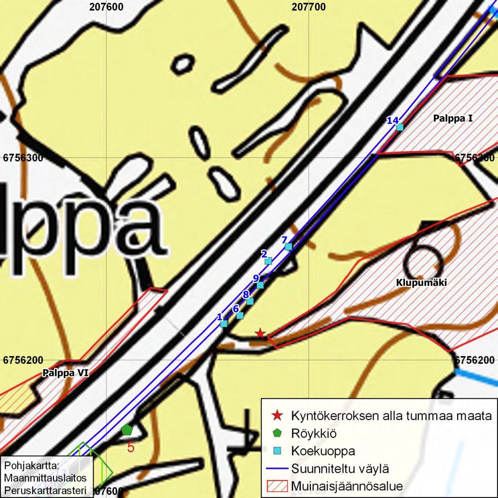 16 Palppa I ja Klupumäki-nimisten kohteiden sijainti ja laajuus muinaisjäännösrekisterin tietojen perusteella. Niiden liepeille kaivetut koekuopat on merkitty sinisellä.