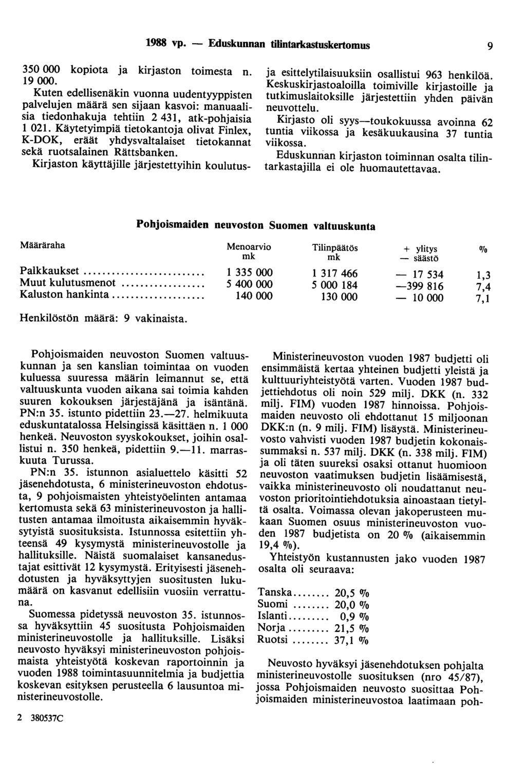 1988 vp. - Eduskunnan tilintarkastuskertomus 9 350 000 kopiota ja kirjaston toimesta n. 19 000.