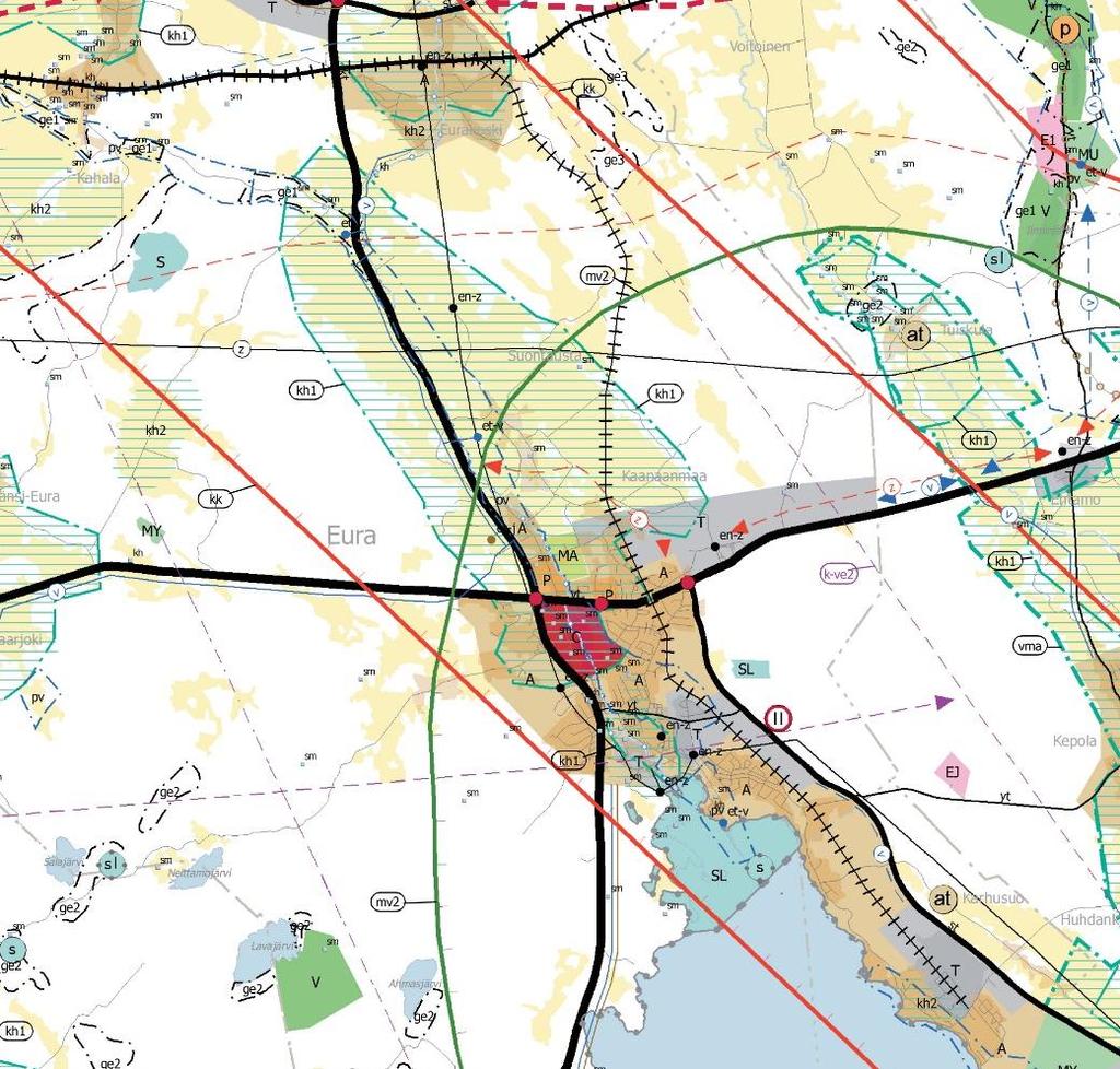 11 Ote Satakunnan maakuntakaavasta (1:100 000). Punainen rengas kuvaa suunnittelualuetta. Satakunnan vaihemaakuntakaavat: Ympäristöministeriö vahvisti 3.12.2014 Satakunnan vaihemaakuntakaavan 1.