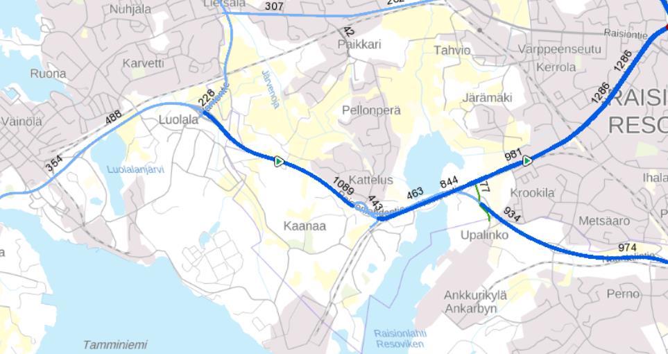 Kuva 5. Raskaan liikenteen määrä (ajon./vrk) vuonna 2015 (Lähde: Liikenneviraston tierekisteri). 2.2.5 Joukkoliikenne Turun kehätie ei ole Naantalin tai Raision keskeisimpiä joukkoliikenneväyliä.