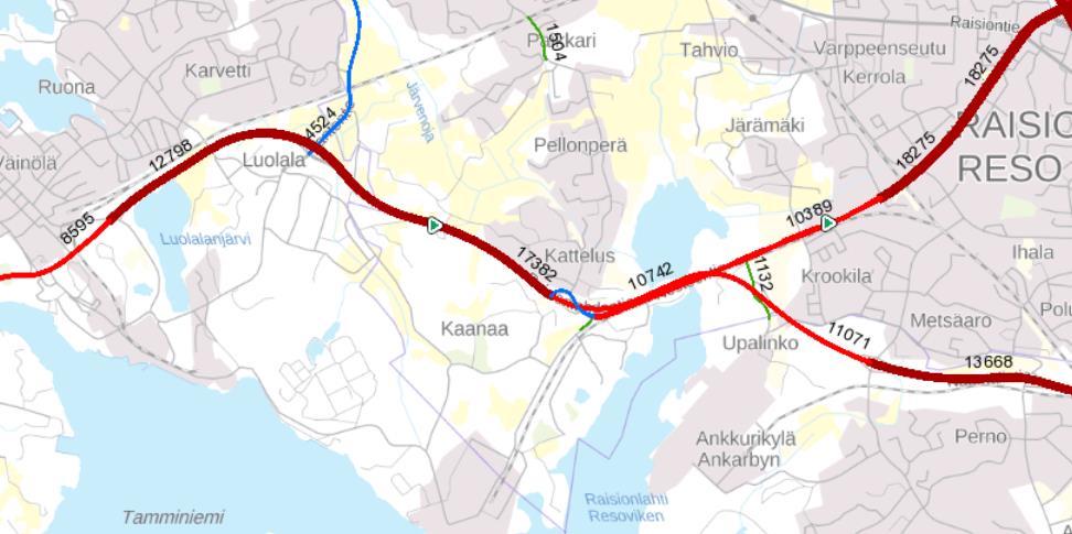 Kuva 3. Keskimääräinen vuorokausiliikenne tarkastelualueen pääväylillä vuonna 2015. 2.2.2 Liikenteen sujuvuus ja palvelutaso Liikenne ruuhkautuu kehätiellä etenkin aamun ja illan työmatkaliikenteen aikana.