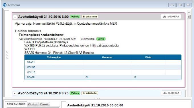 31 / 33 16. KÄYNNIN TOIMENPITEET JA KERTOMUS Käynnille kirjatut toimenpiteet ja niiden lisätieto tallentuvat asiakkaan kertomukseen kun käynti kuitataan. 16.1. Toimenpiteet Toimenpiteet näkyvät Toimenpiteet <rakenteinen> otsikon alla.