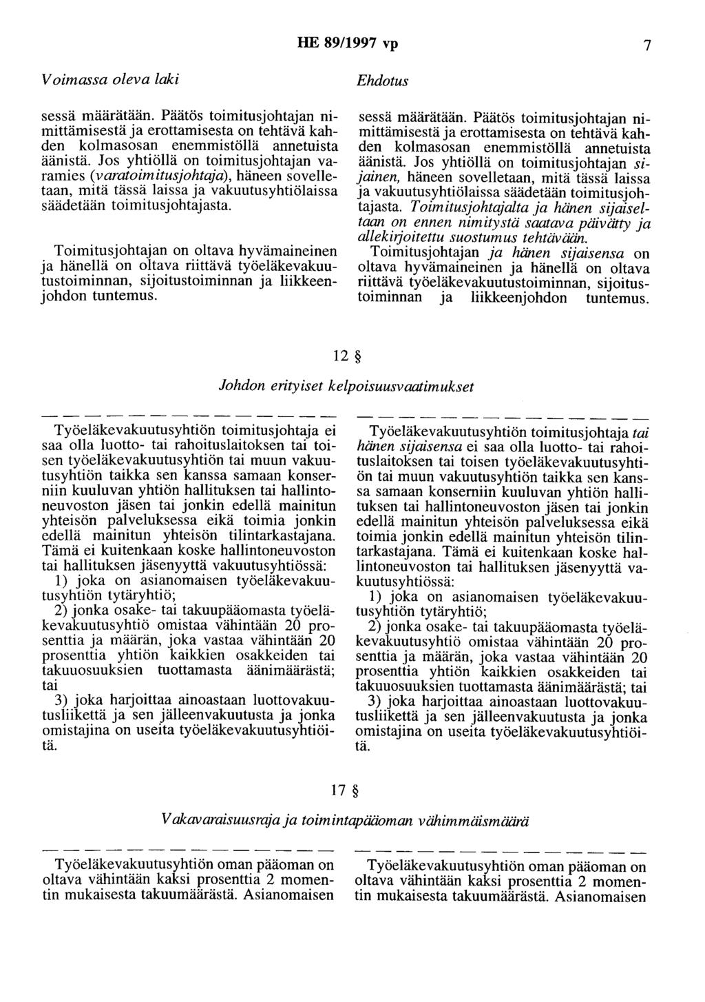 HE 89/1997 vp 7 Voimassa oleva laki sessä määrätään. Päätös toimitusjohtajan nimittämisestä ja erottamisesta on tehtävä kahden kolmasosan enemmistöllä annetuista äänistä.