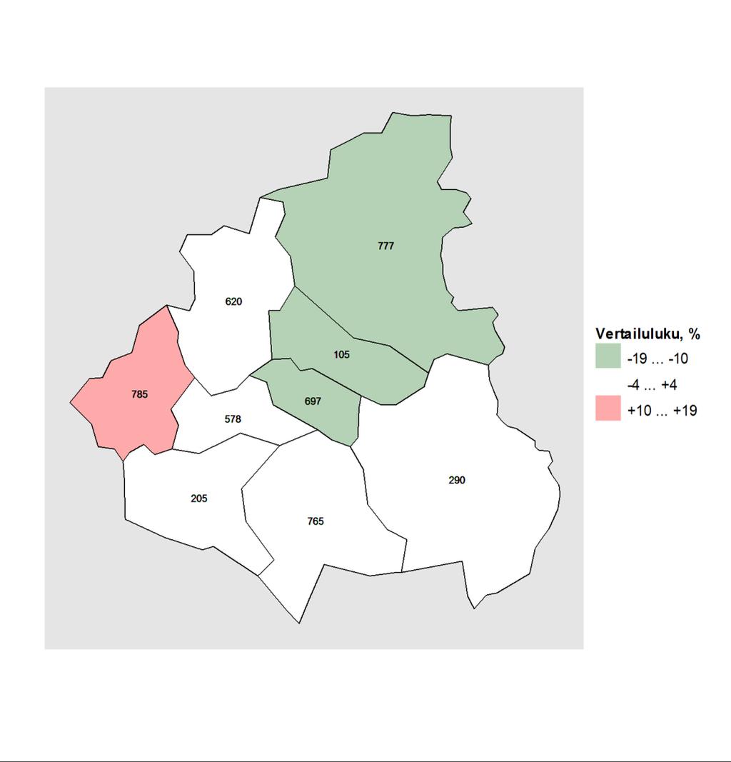 Kartta 1. Vammojen ja myrkytysten aiheuttamat hoitojaksot alueen kunnissa vuosina 2011 2015, vertailutiedot koko maan tilanteeseen. Kartta: Maanmittauslaitoksen Yleiskartta 1:4 500 000, 2011.