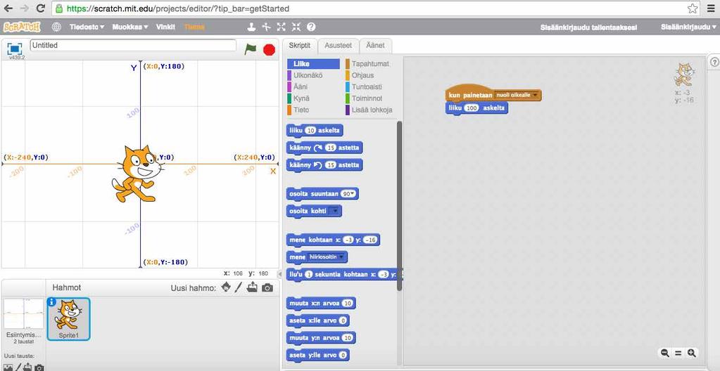 18. tunti Ohjelmoi liikettä Scratchilla 55 Ohjelmoi liikettä Scratchilla Opettaja kertoo, että aluksi kerrataan edellisellä kerralla opittu (uusi hahmo, taustakuva) ja tutustutaan koordinaatistoon.