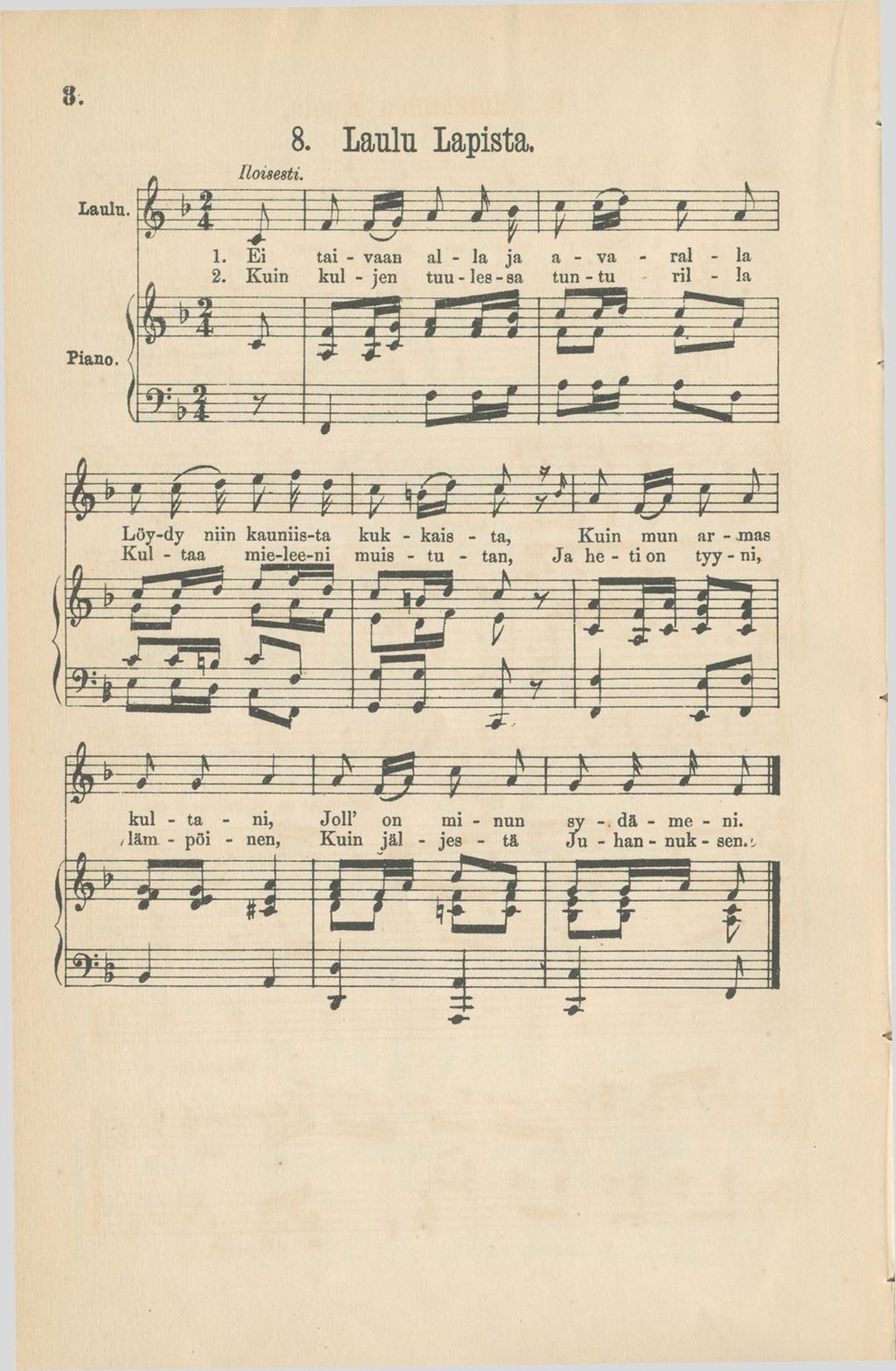 8. Laulu. Pano. m 8. Laulu Lapsta. Ilosest. 1. E ta - vaan a - la ja a - va 2.
