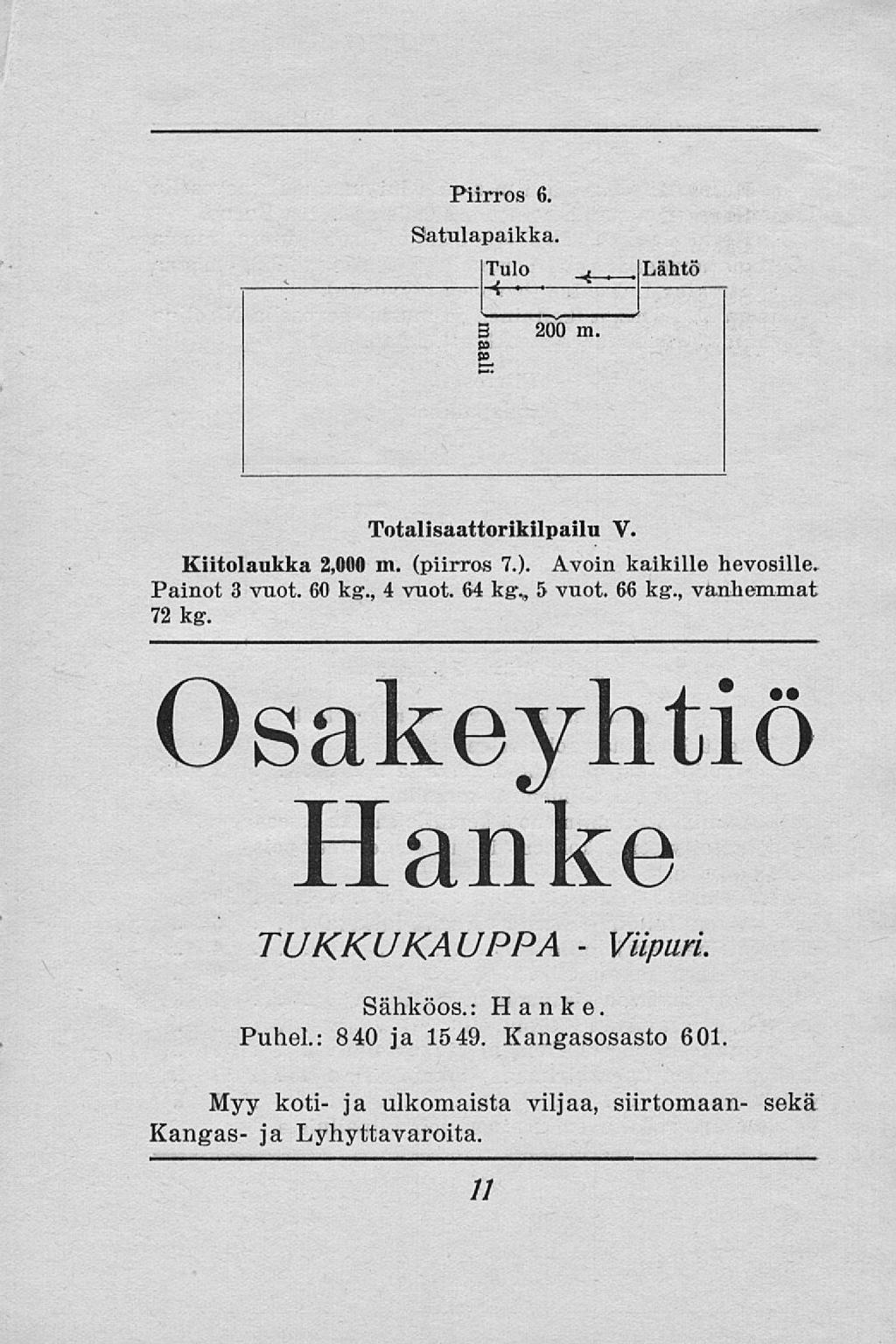 6. Satulapaikka. Totalisaattorikilpailu V. Kiitolaukka 2,006 m. (piirros 7.). Avoin kaikille hevosille. Painot 3 vuot. 60 kg., 4 vaot. 64 kg., 5 vuot. 66 kg.