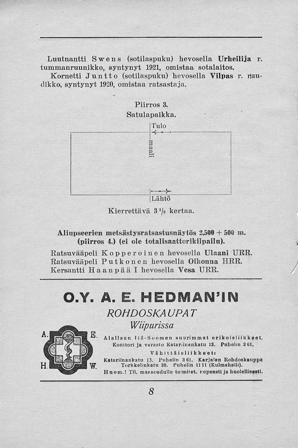 Luutnantti Swens (sotilaspuku) hevosella Urheilija r. tummanruunikko, syntynyt 1921, omistaa sotalaitos. Kornetti Jun 11 o (sotilaspuku) hevosella Vilpas r.