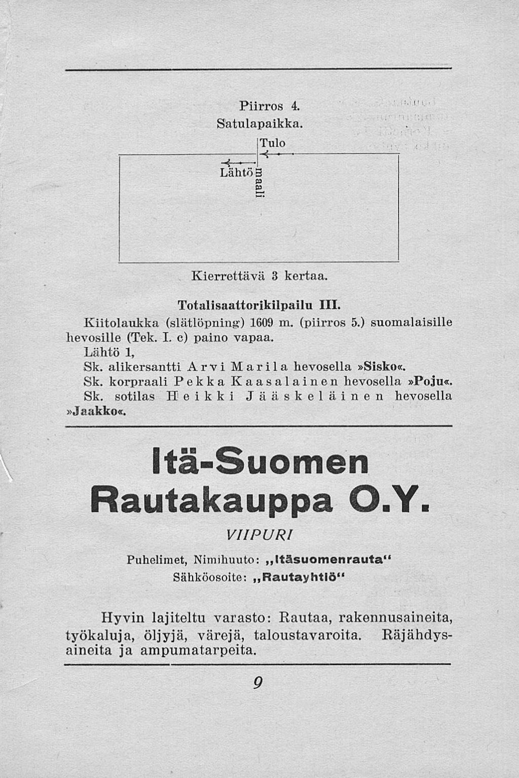 4. Satulapaikka. Kierrettävä 3 kertaa. 111. Kiitolaukka (slätlöpning-) 1609 m. (piirros 5.) suomalaisille hevosille (Tek. I. c) paino vapaa. Lähtö 1, Sk. alikersantti Arvi Marila hevosella»sisko». Sk. korpraali Pekka Kaasalainen hevosella»poju«.