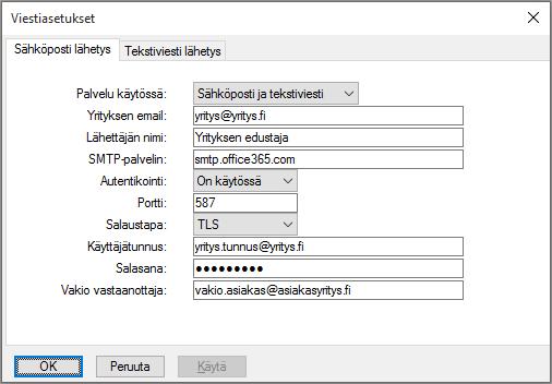 Sähköpostiasetusten muokkaaminen Perusrekisterit Viestiasetukset Yleistiedot valinnan alta löytyy SMTP sähköpostiasetukset yrityksen yhteisille sähköpostiasetuksille ja tekstiviestin