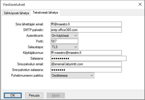 SMTP-palvelinta, porttia ja salaustapaa koskevat tiedot löytyvät sähköpostioperaattorisi SMTP tiedoista.
