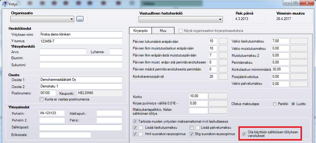 Jos Yritysinformaatio -ikkunan (Työkalut > Asetukset Valittu hoitohenkilö > Yritysinformaatio) kirjanpito -asetuksissa on valittuna Ota käyttöön sähköisen tilityksen