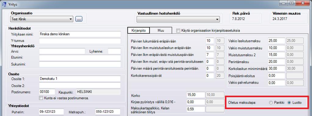 Korttimaksun oletusasetus (Pankkikortti / Luottokortti) voidaan nyt valita Yritysinformaatio - ikkunan (Työkalut >