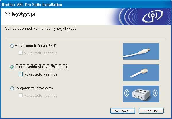 Ohjainten ja ohjelmien asentaminen Sopimaton asetus Jos olet määrittänyt aikaisemmin laitteen langattoman verkon asetukset ja haluat määrittää nyt kiinteän verkkoliittymän, tarkista, että laitteen