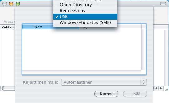 Vaihe 2 Ohjainten ja ohjelmien asentaminen 6 Aseta pakkauksen mukana toimitettu CD-ROM-levy CD-ROM-asemaan. 11 Mac OS X 10.2.4 10.2.8: Osoita Lisää. 12 Valitse USB.