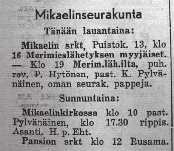 1958 seuraavalla tavalla: Vuoden 1941 merimieslähetysjuhlien lehti-ilmoitus Turun Sanomissa 15.11.