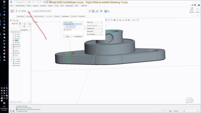 2 and create new tool motion - ->curve cut to same position using default values. Valitse parameters muuta prof_stock _allow 0.