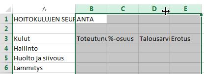 Excel 2013 Taulukon ulkonäön muotoilu 11 Sarakkeen voi sovittaa pisimmän tiedon mittaiseksi, kun kaksoisnapsauttaa ristillä sarakkeiden välisen viivan päälle.