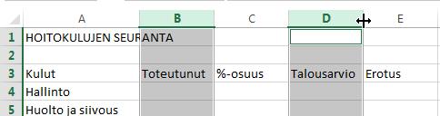 Vedä jonkin valitun sarakkeen oikeasta reunasta mustalla nuolipäisellä ristillä Valittujen sarakkeiden leveyden muuttaminen Jos haluat poimia sarakkeet, joiden leveyttä muutat 1.