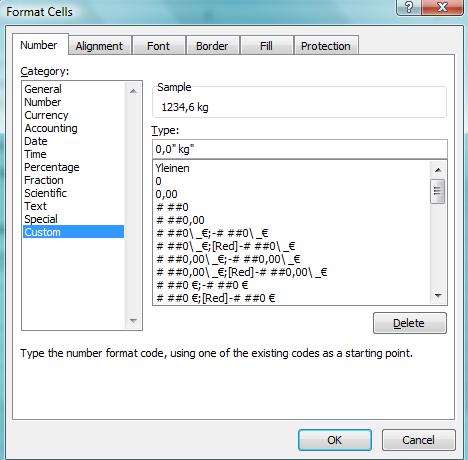 Excel 2013 Taulukon ulkonäön muotoilu 2 Muotoiluissa käytettäviä koodeja General (Yleinen) alkuperäinen tulostusasu 0,0 yksi desimaali, ei tuhaterotinta # ##0,0 tuhaterotin, yksi desimaali 0 numeron