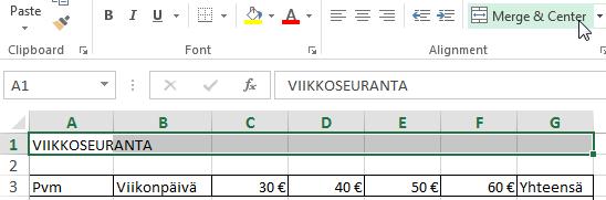 Excel 2013 Taulukon ulkonäön muotoilu 5 Pystysuuntainen tasaus 1. Valitse solu, rivi, sarake tai alue, minkä alueen pystysuuntaista tasausta haluat muuttaa 2.