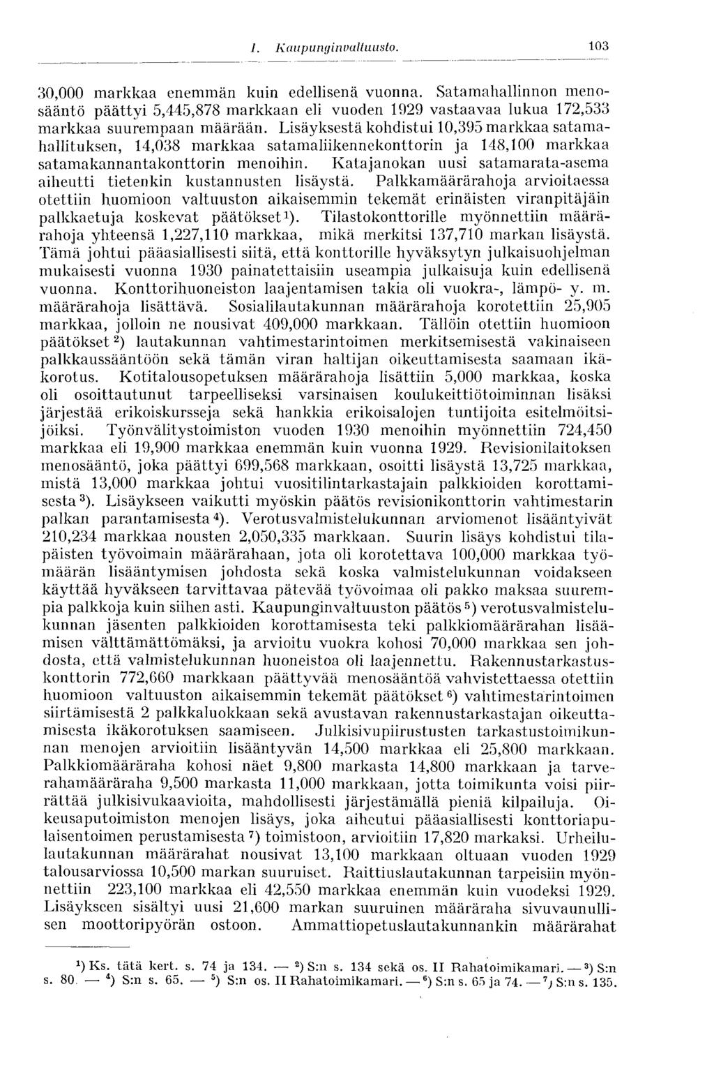 I. Kaupunginvaltuusto. 103 30,000 markkaa enemmän kuin edellisenä vuonna. Satamahallinnon menosääntö päättyi 5,445,878 markkaan eli vuoden 1929 vastaavaa lukua 172,533 markkaa suurempaan määrään.