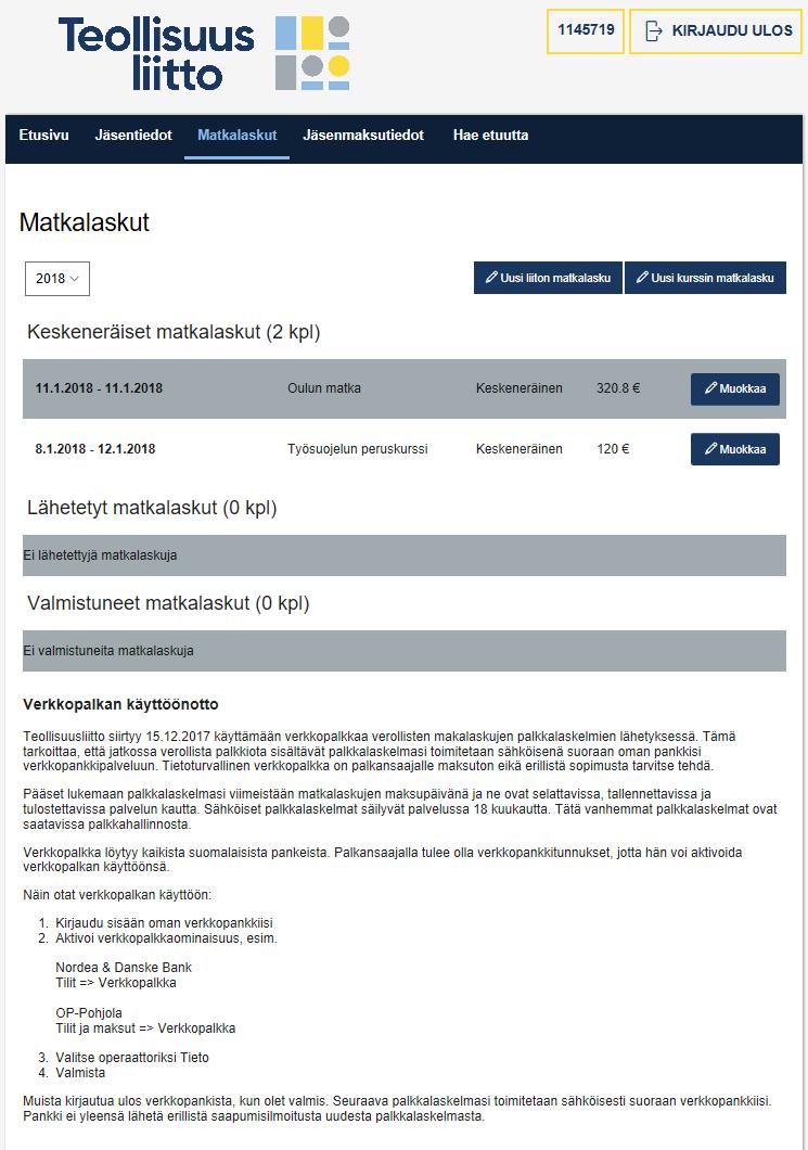 Seuraavasta ikkunasta valitset Uusi liiton matkalasku. Sivulla näet aikaisemmin tekemäsi matkalaskut ja niiden tilanteen.