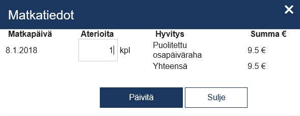 Valitse nyt Matkatiedot-kohdasta Muokkaa Jos päiväraha tuli virheellisesti laskettua,