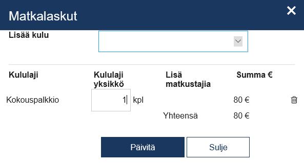 Päivitä-painikkeesta lisäät kulun matkakuluihin. Jos sinulla on parkkimaksu/taksikuitti, niin niistä on skannattava/ valokuvattava liite ja hakea se matkalaskuun (Valitse liitteen tyypiksi Muu).