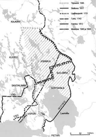 Suomessa rajan muutokset ovat vaikuttaneet kulkureitteihin Karttaan ei ole merkitty Pähkinäsaaren rauhan rajaa (1323), vaikka edelleenkin sen mukaisesti Suomessa jakautuvat monet kulttuuriset,