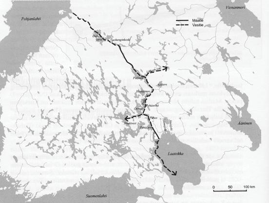 Karjalassa on kulkenut keskiajalla kauppa- ja verotusreitti Laatokalta Pohjanlahdelle Nousia Venäläisen (Nousia Ryds, joka nimestään huolimatta ilmeisesti oli karjalainen) kertomusten mukaan reitti