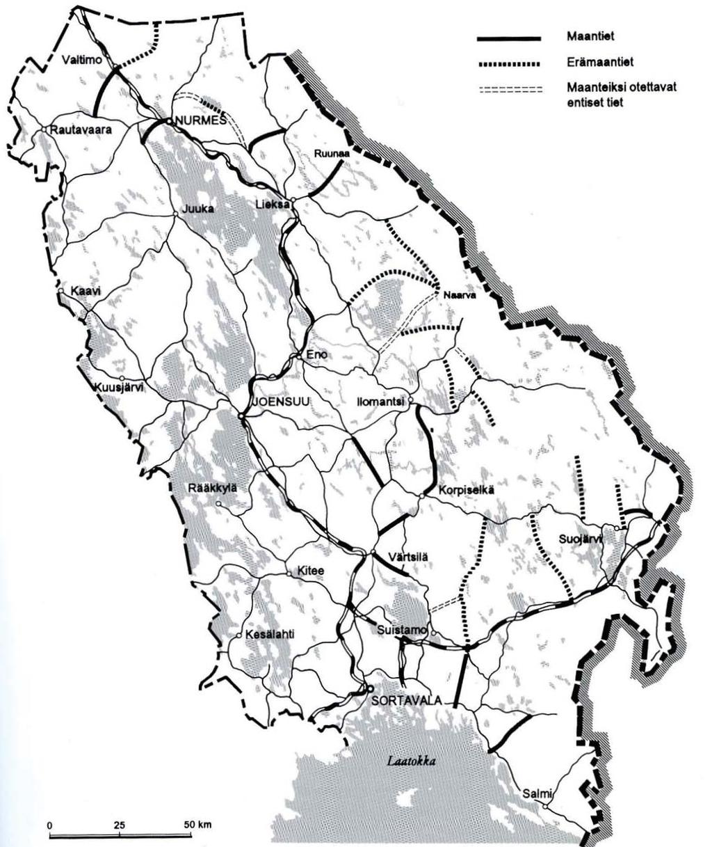 Branderin komitean (Pohjois-Suomen ja Karjalan maantiekomitea) ehdotukset Karjalan tiepiirin alueella Koveron sijainti merkitty violetilla renkaalla (Kovero on viiden tien risteys Joensuu-Ilomantsi