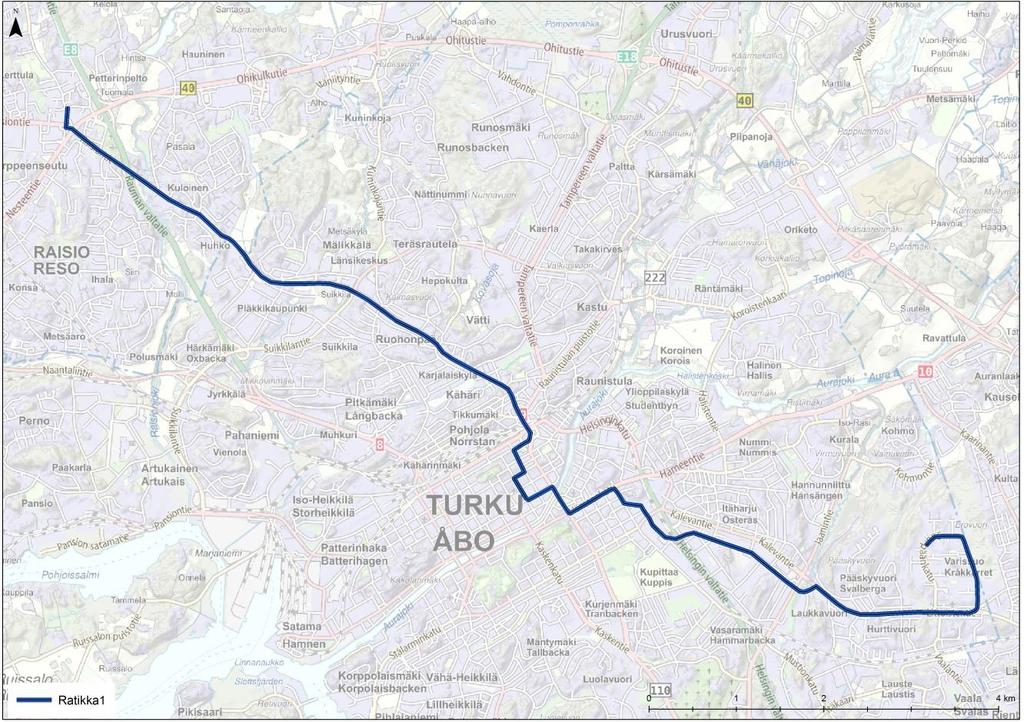 3 Kuva 1. Turun raitiotien vaihtoehdon 1 reitti. 2.