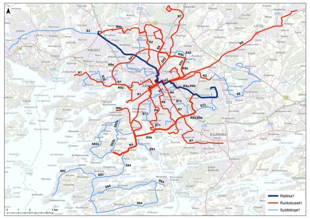 6 Kuva 5. Turun seudun raitiotie- ja runkobussilinjasto sekä sitä tukeva syöttölinjasto. 2.