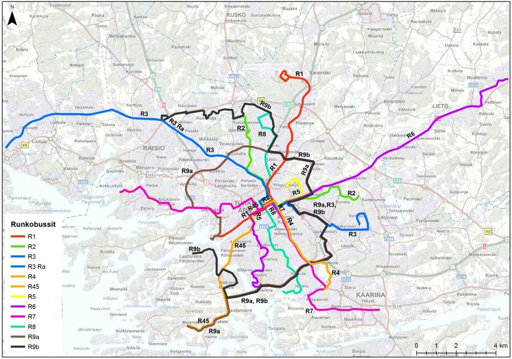 3 Turun seudun runkobussilinjasto muodostuu seuraavista linjoista (kuva 1): R1 Satama-Kauppatori-Lentoasema (13,3 km) R2 Kohmo-Kauppatori-Nättinummi (12,3 km) R3 Varissuo-Kauppatori-Naantali/Raisio