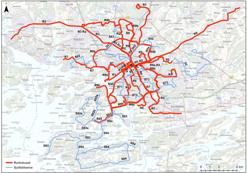 5 Kuva 3. Turun seudun runkobussilinjasto ja sitä tukeva syöttölinjasto. 2.3 Muu linjasto Muun linjaston reitit päätetään Turussa pääsääntöisesti joko linja-autoasemalle tai Kupittaalle.