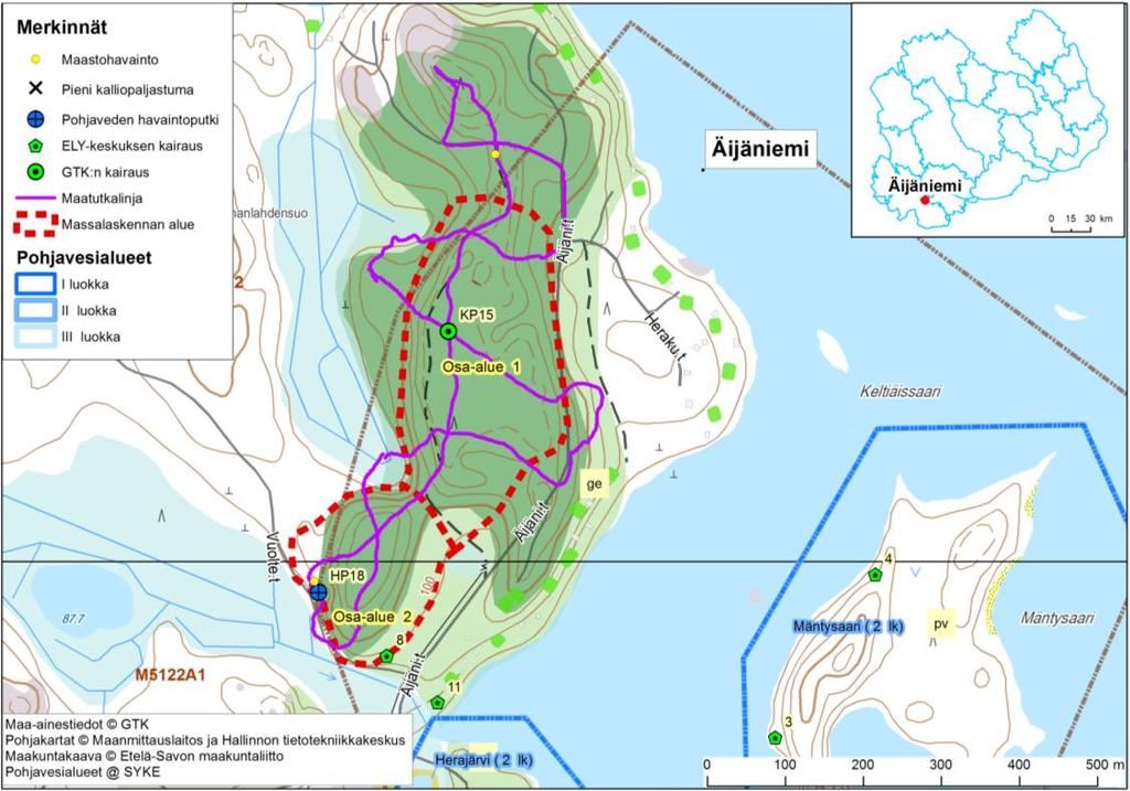 Etelä-Savon kiviaineshuollon turvaaminen 262 Kuva 8. Äijäniemen muodostuman massalaskenta-alueiden rajaukset. Pohjavesi Äijäniemen muodostuma ei kuulu luokiteltuihin pohjavesialueisiin.