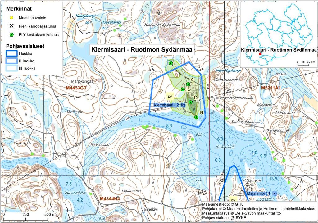 Etelä-Savon kiviaineshuollon turvaaminen 264 2.6.20 Kiermisaari (Ruotimon Sydänmaa), 140, O Kohdenumero: 140 Kunta: Mäntyharju Sijainti: http://kansalaisen.karttapaikka.fi/kartanhaku/paikannimihaku.