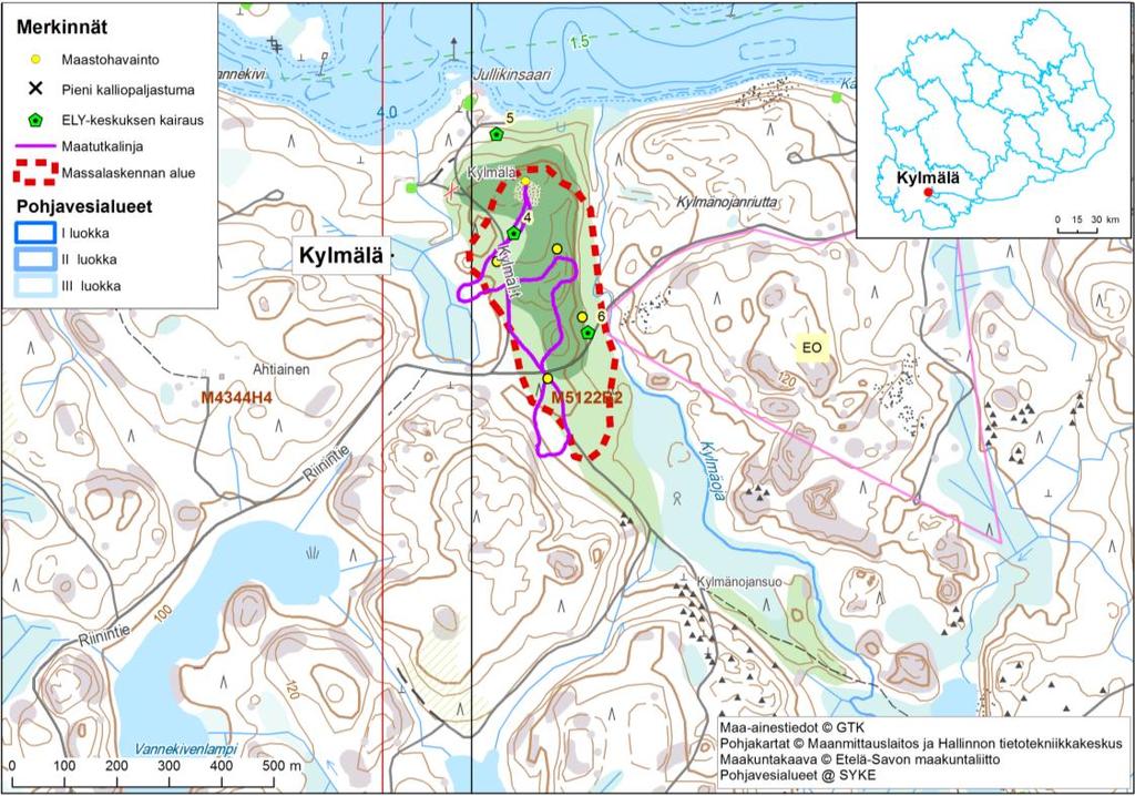 Etelä-Savon kiviaineshuollon turvaaminen 272 Arvio kokonaismassamääristä Kylmälän massalaskennan tiedot perustuvat maatutkaprofiilien tulkintatietoon ja maastohavaintoihin sekä vanhoihin Mikkelin