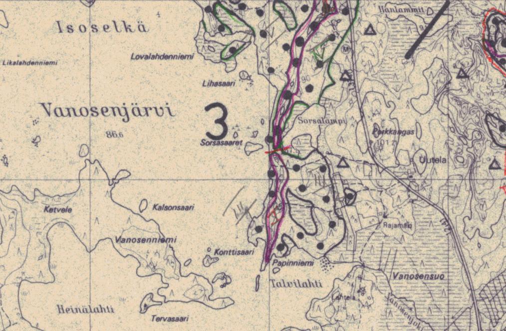 Ydinalueen pinta-ala on 10 ha, keskipaksuus 3-4 m ja massat 350 000 m 3.