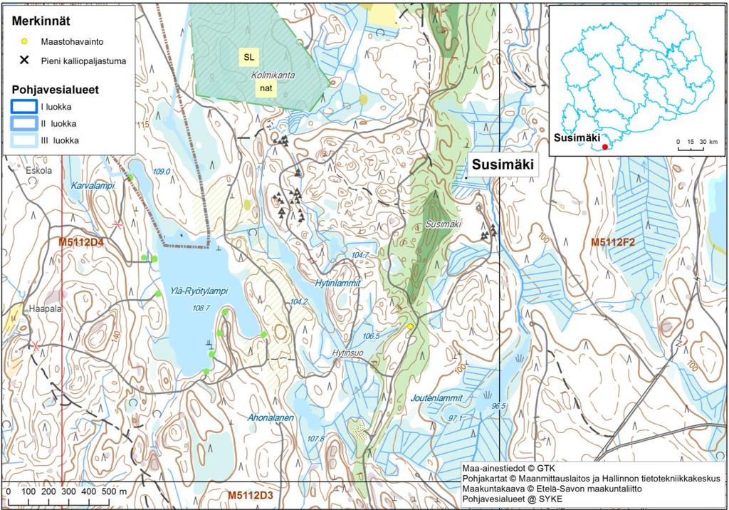 Etelä-Savon kiviaineshuollon turvaaminen 163 2.6.1 Susimäki, 1, M Kohdenumero: 1 Kunta: Mäntyharju Sijainti: Susimäen harju sijaitsee Korpijärven eteläosan itäpuolella noin 3 kilometriä VT5 :ltä itään.