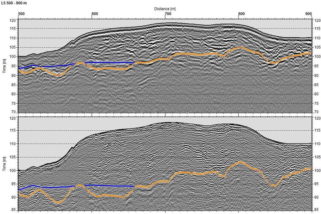 Etelä-Savon kiviaineshuollon turvaaminen 214 Kuva 6. Luotauslinjan 5 tulkintaprofiilit välillä 500m 900 m. Ylempi kuva on 25 MHz antennin profiili ja alempi 100 MHz antennin profiili.