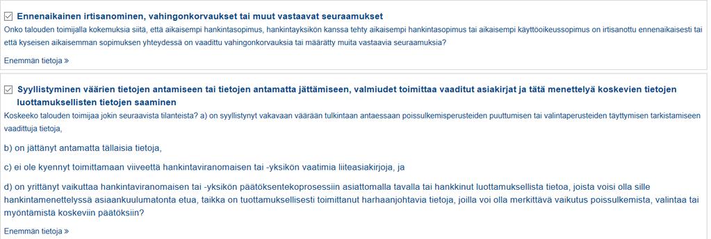 Harkinnanvaraiset poissulkuperusteet Tarjoajan suorituksissa on ollut merkittäviä tai toistuvia puutteita.